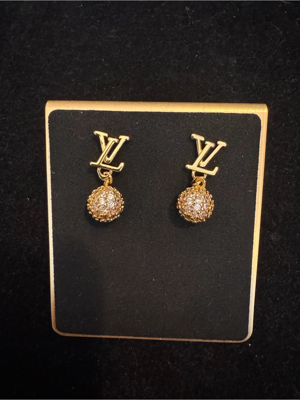 Louis Vuitton Gold LV Logo Drop Crystal Orb Earrings